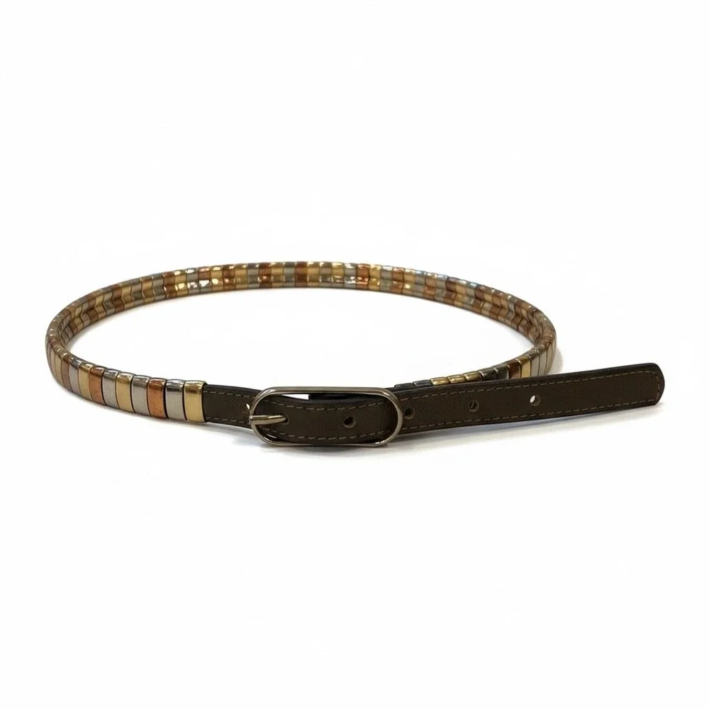 Vintage Morris Moskowitz Leather Belt‎ Small Metallic Inlay 90s Y2K Made Korea